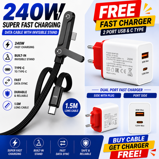 240W Fast Charging Cable with Invisible Stand + Free Fast Charger