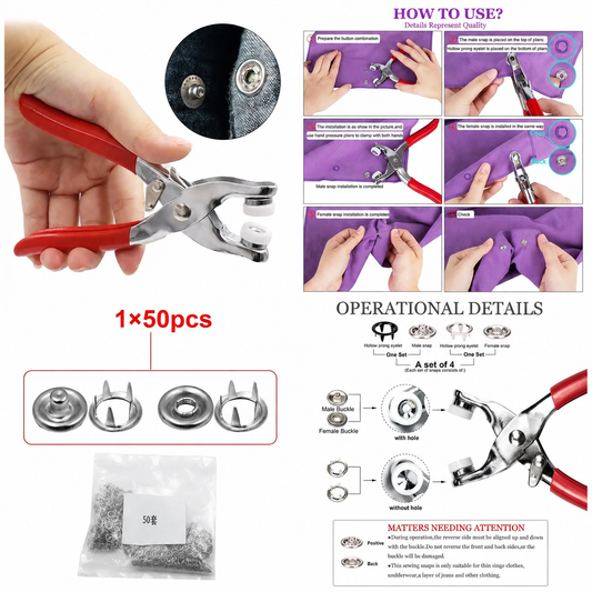 High-Quality Metal Tich Button Tool Kit with 50 Abaya Ring Buttons – Easy Snap Button Machine & Clipper for DIY Clothes, Hats, Caps & Crafts